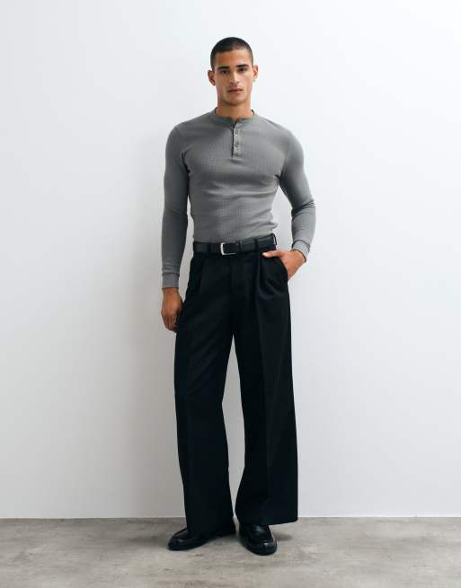 ASOS DESIGN slim fit long sleeve t-shirt with woven henley in charcoal waffle, 5 of 5