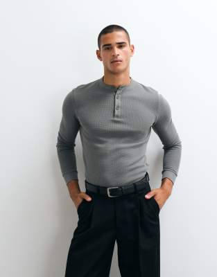 Asos Design Slim Fit Long Sleeve T-shirt With Woven Henley Neck In Gray