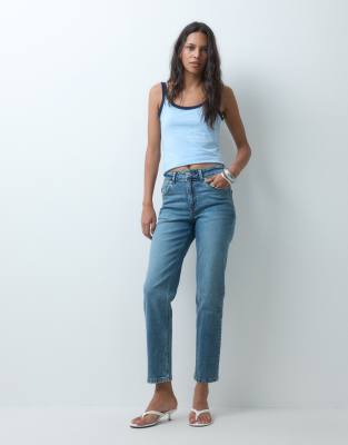Asos Design Slim Fit Mom Jeans In Blue
