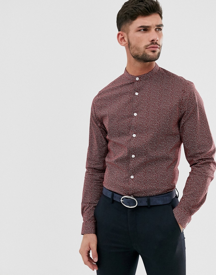 ASOS DESIGN - Slim-fit net overhemd met stippen zonder kraag in bordeauxrood