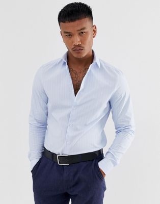 ASOS DESIGN - Slim-fit net overhemd met textuur in blauwe en witte strepen