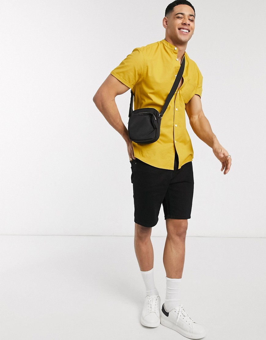 ASOS DESIGN slim fit organic cotton oxford shirt in mustard with grandad collar-Yellow