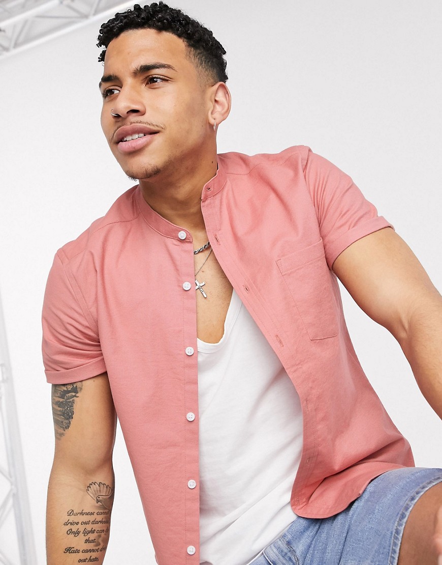 ASOS DESIGN slim fit organic oxford shirt in pink with grandad collar
