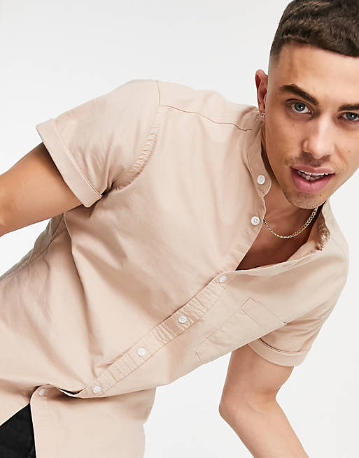 ASOS DESIGN slim fit oxford shirt with short sleeves and grandad collar in tan