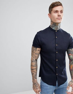 ASOS DESIGN - Slim-fit overhemd in linnenmix zonder kraag in marineblauw