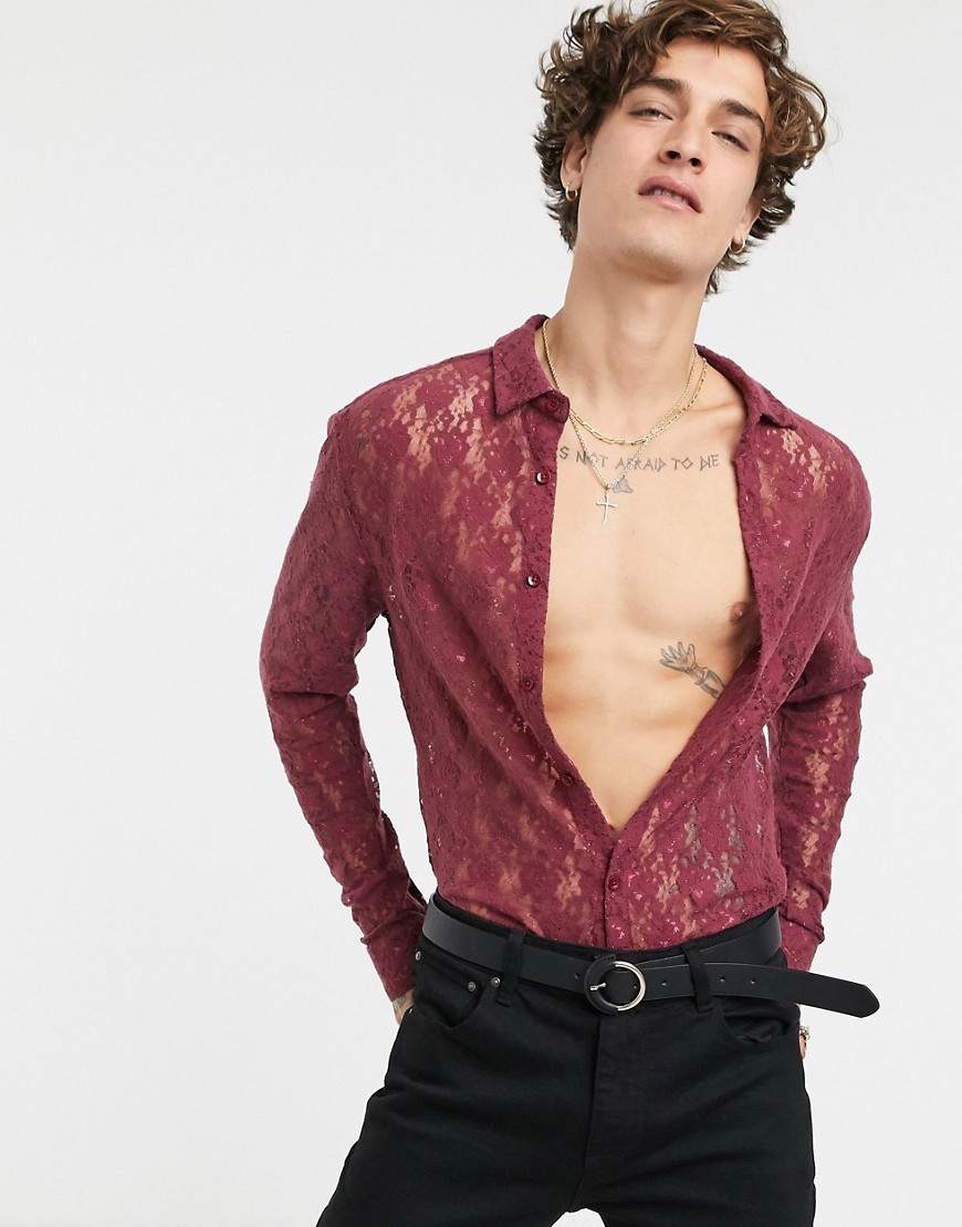 ASOS DESIGN - Slim-fit overhemd met bloemenprint en kant in bordeauxrood