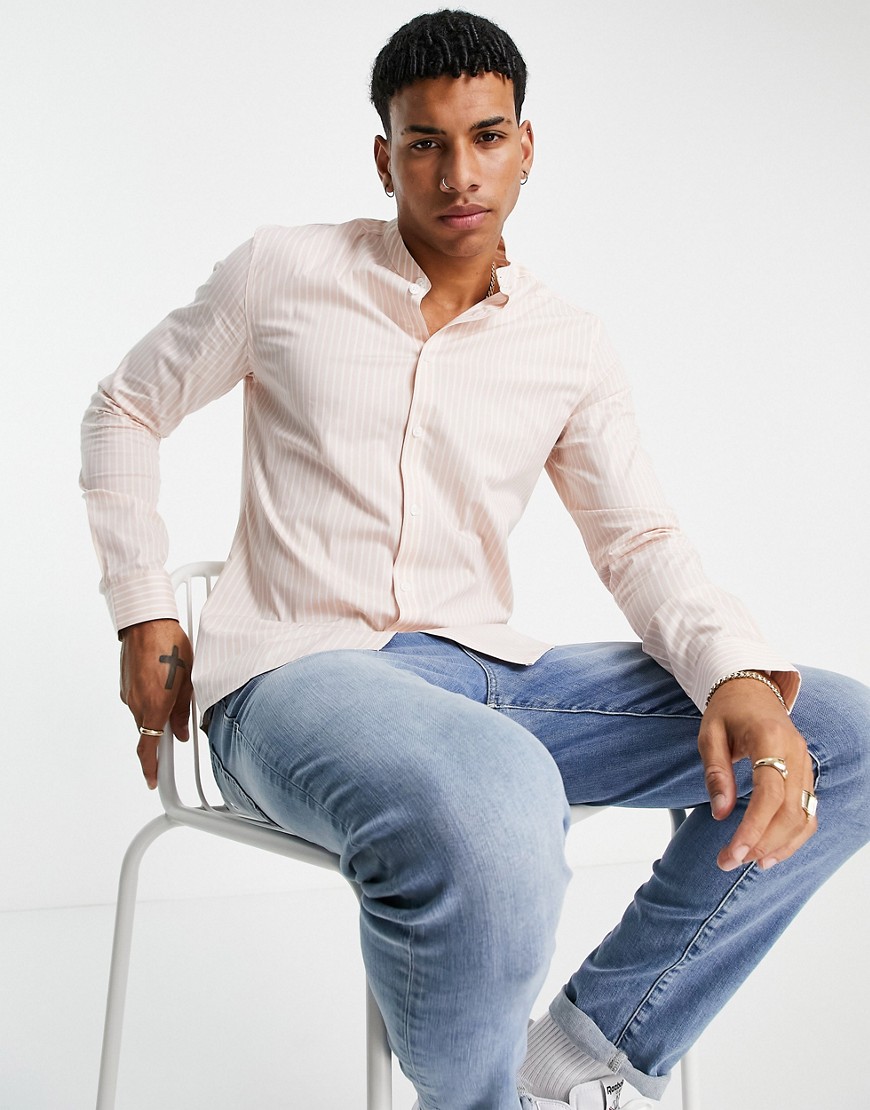 ASOS DESIGN - Slim-fit overhemd met verticale strepen in roze-Marineblauw