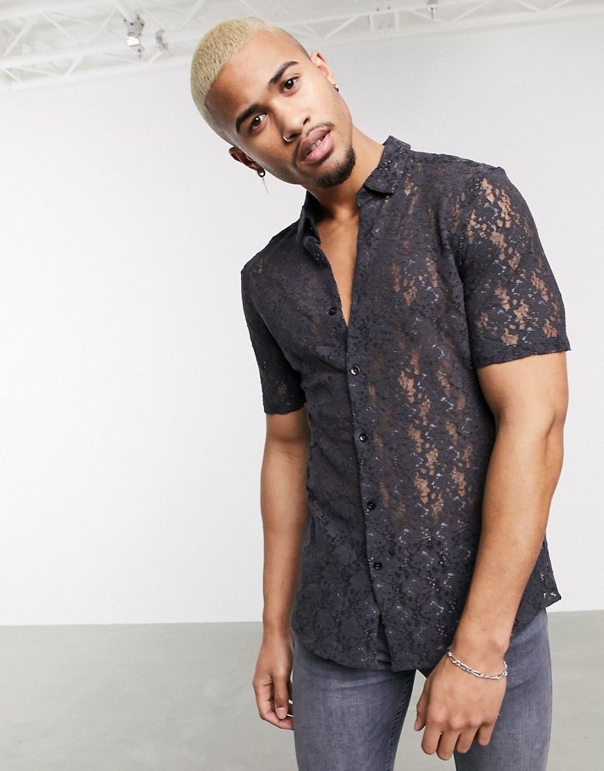 ASOS DESIGN - Slim-fit overhemd van kant in antracietgrijs-Zwart