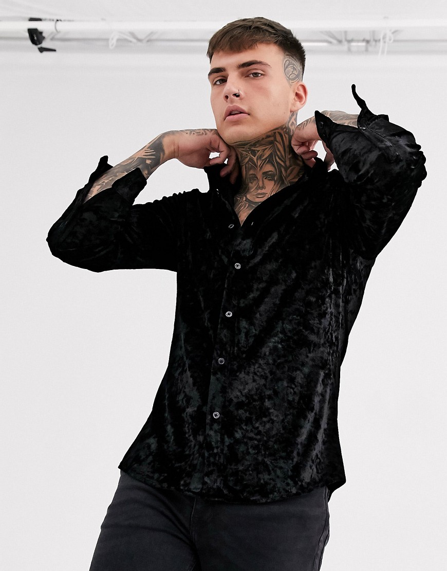 ASOS DESIGN - Slim-fit overhemd van kreukfluweel met stretch in zwart