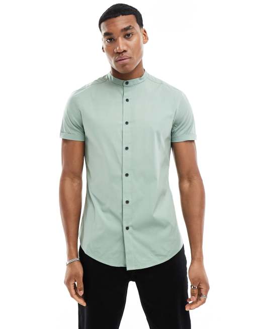 ASOS DESIGN - Slim-fit overhemd zonder kraag en met opgerolde mouwen in saliegroen