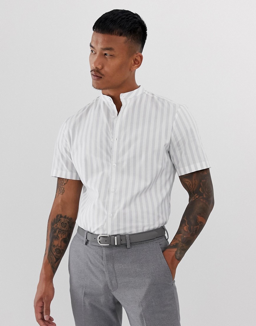 ASOS DESIGN - Slim-fit overhemd zonder kraag in grijze strepen-Grijs