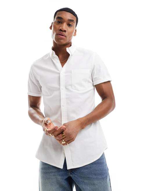 ASOS DESIGN - Slim-fit Oxford overhemd met korte mouwen in wit