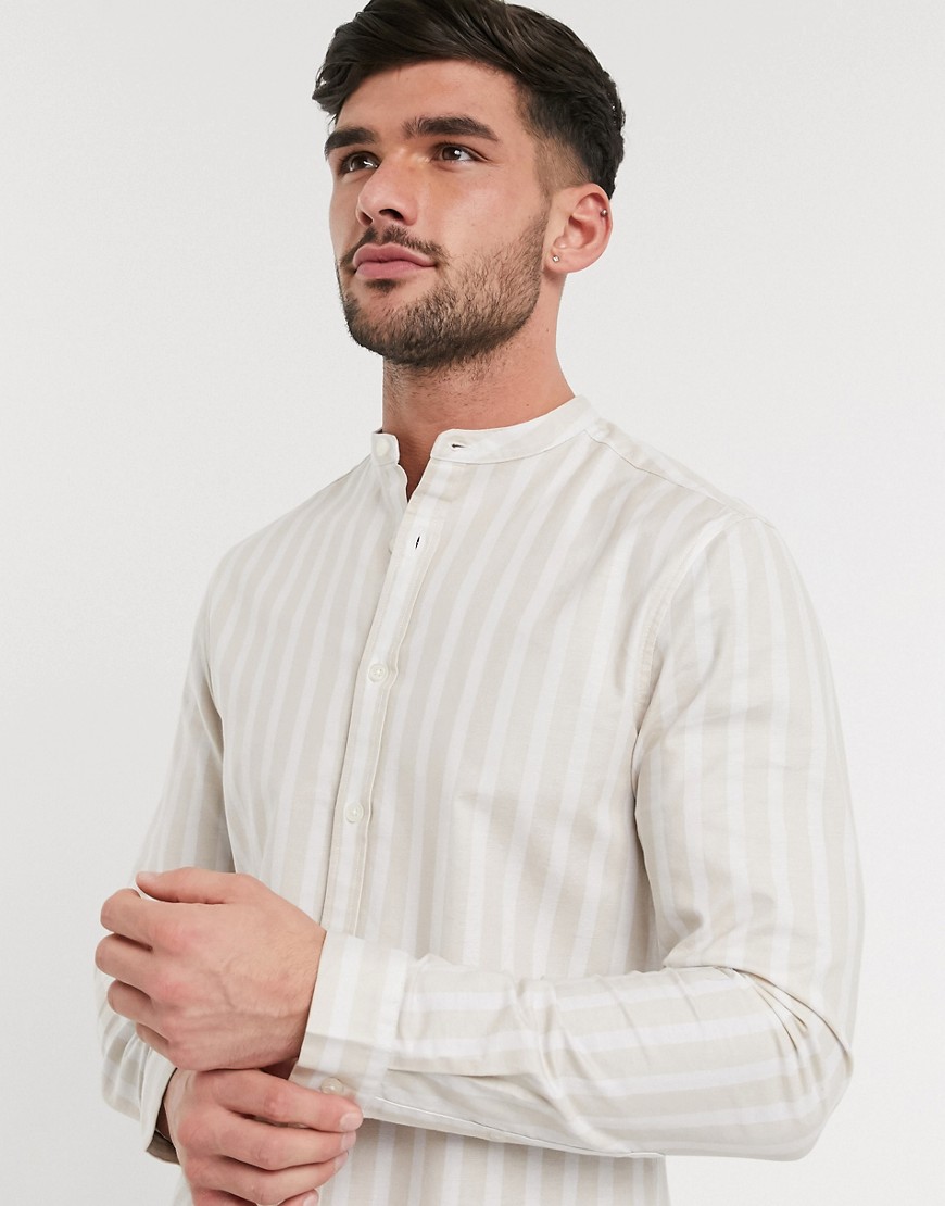 ASOS DESIGN - Slim-fit Oxford overhemd zonder kraag in ecru met streep-Beige