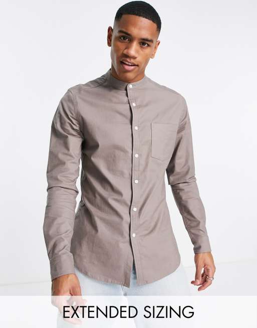 erfgoed Hen De controle krijgen ASOS DESIGN - Slim fit Oxford overhemd zonder kraag in taupe | ASOS