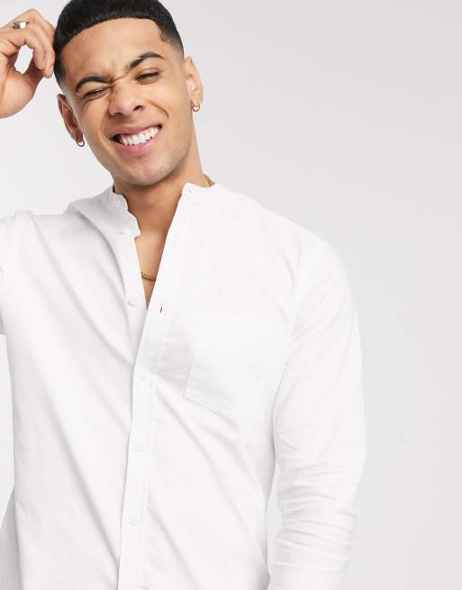 ASOS DESIGN slim fit oxford shirt in white with grandad collar, 3 of 4