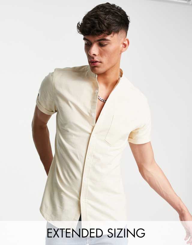 ASOS DESIGN slim fit oxford shirt with grandad collar in beige