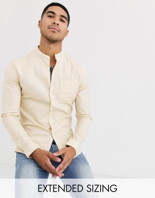 ASOS DESIGN slim fit oxford shirt with grandad collar in beige-Neutral