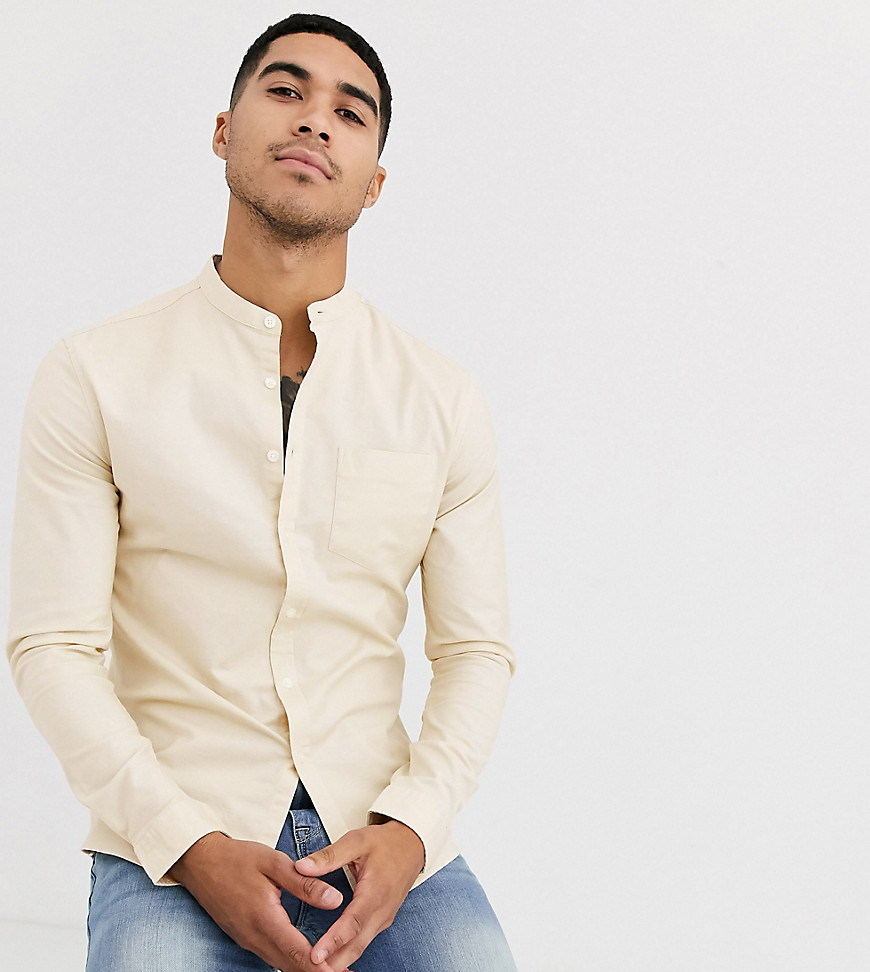 ASOS DESIGN slim fit oxford shirt with grandad collar in beige-Neutral