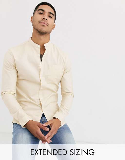 ASOS DESIGN slim fit oxford shirt with grandad collar in beige