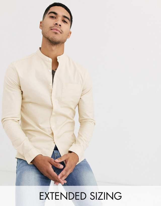 ASOS DESIGN slim fit oxford shirt with grandad collar in beige