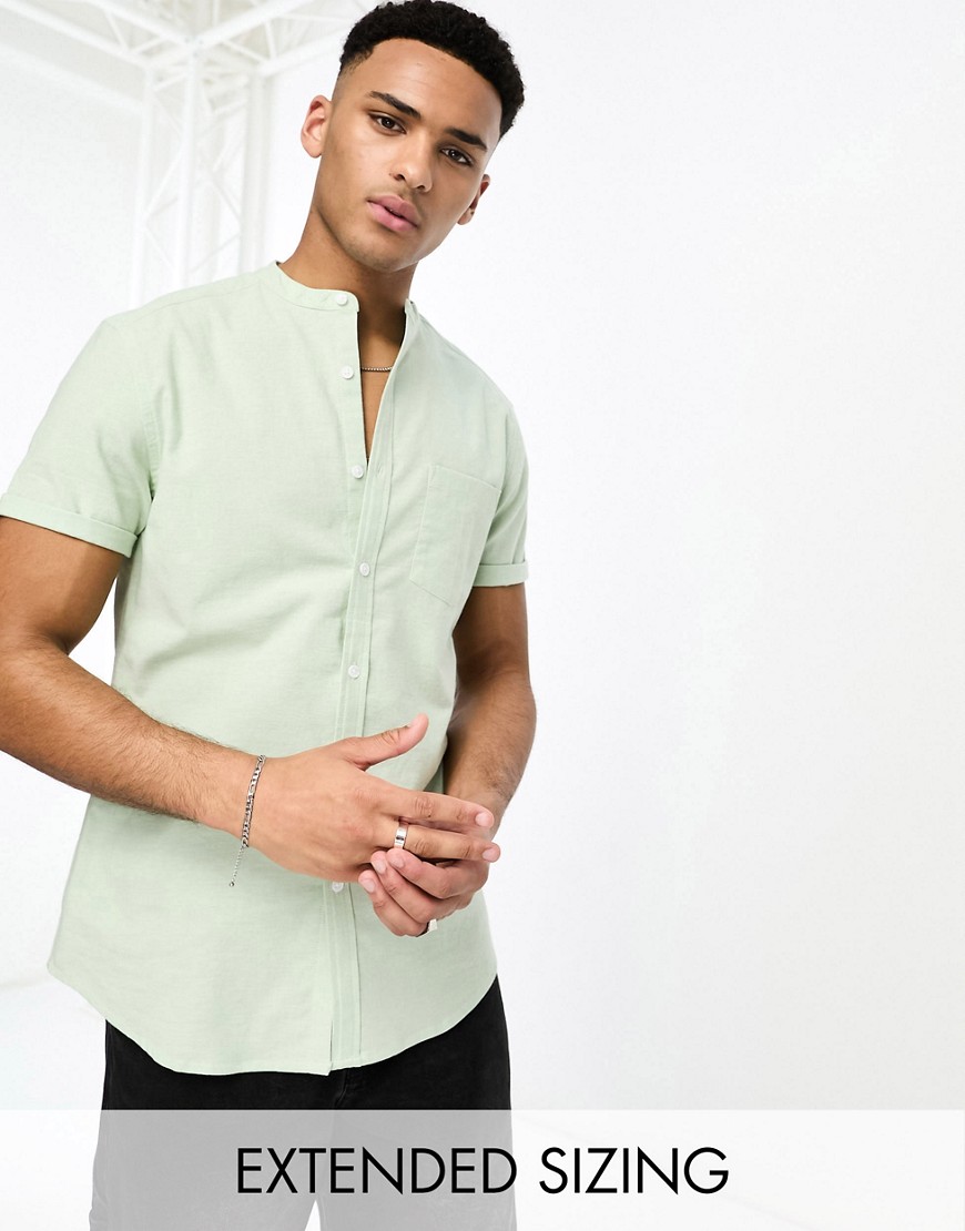 ASOS DESIGN slim fit oxford shirt with grandad collar in yarn dye green