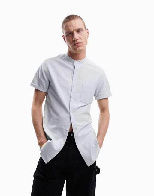 ASOS DESIGN longline shirt in white with grandad collar