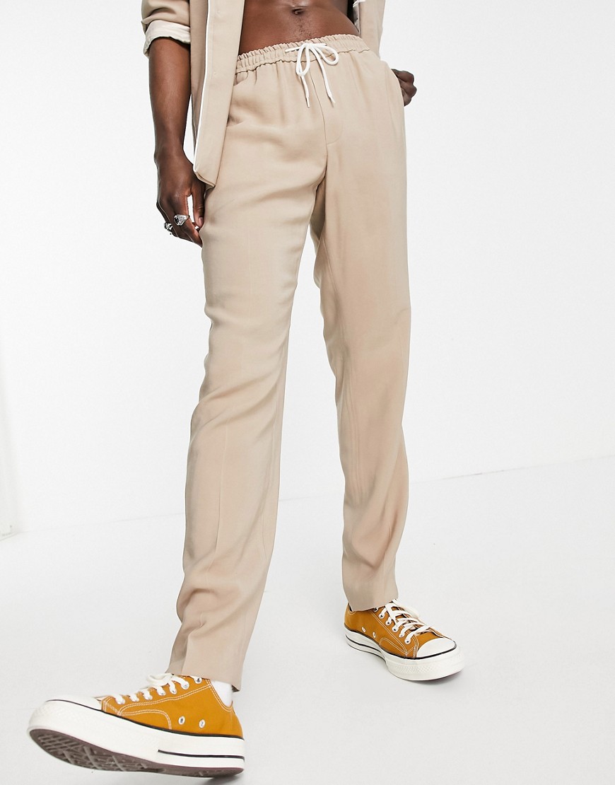 ASOS DESIGN slim fit pajama suit pants with piping on pocket in camel-Neutral