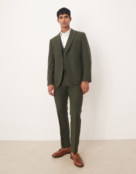 ASOS DESIGN - Slim-fit pak met wol en visgraatmotief in donkergroen - view 1