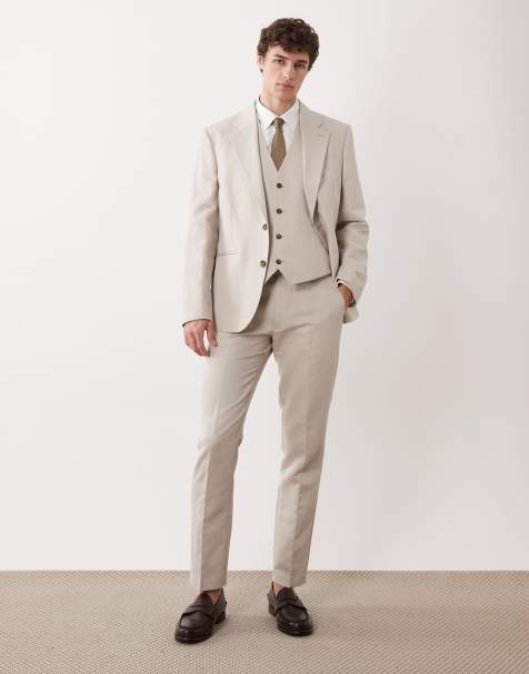 ASOS DESIGN - Slim-fit pak van linnenmix keperstof in stone - view 1