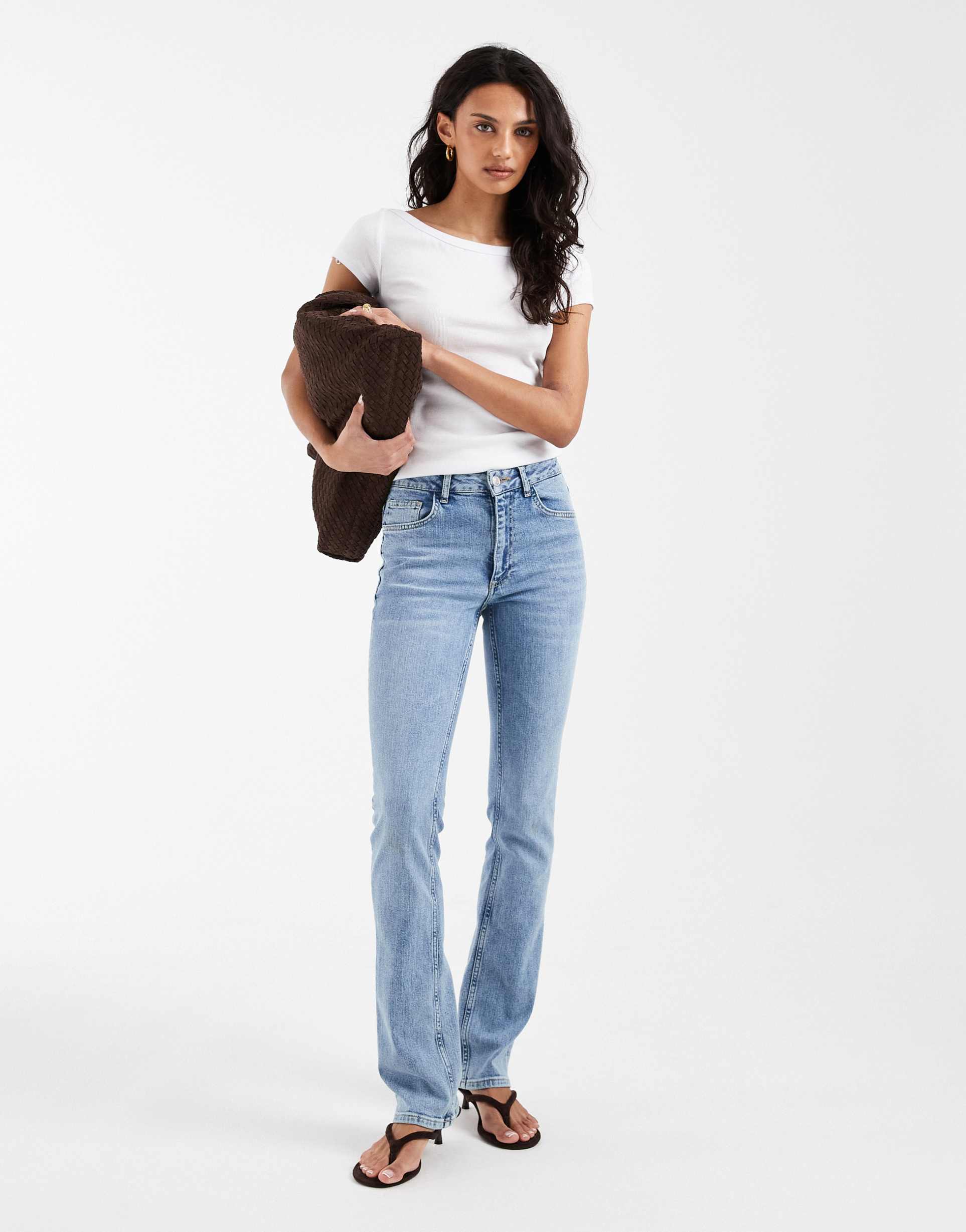 asos design slim fit pencil jeans in midwash