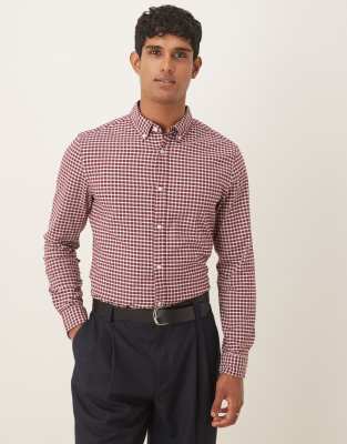 Asos Design Slim Fit Plaid Shirt In Burgundy
