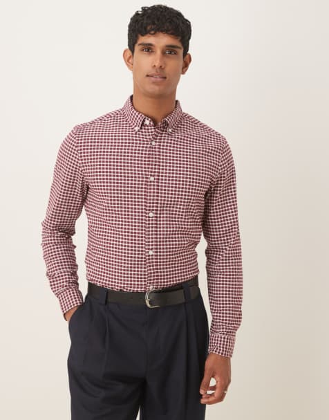 ASOS DESIGN slim fit plaid shirt in burgundy - view 1