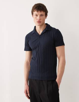 Slim-Fit-Polohemd in Marineblau mit breiter Rippung und Reverskragen Marineblau S
