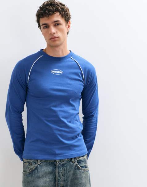 ASOS DESIGN slim fit raglan langærmet top med piping og logo-print på brystet i navy - view 1