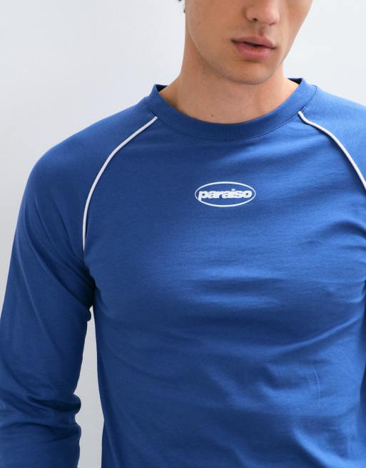 ASOS DESIGN slim fit raglan long sleeve top with piping and chest logo print in navy, 3 of 5