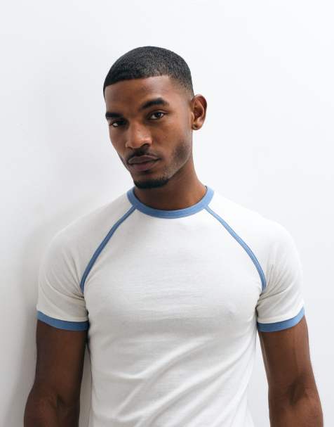 ASOS DESIGN slim fit raglan ringer t-shirt in cream and blue - view 1