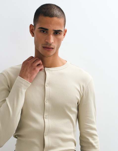 ASOS DESIGN slim fit ribbed long sleeve button through top in beige - view 1