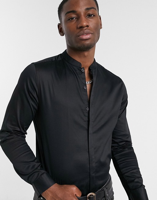ASOS DESIGN slim fit sateen shirt with mandarin collar in black