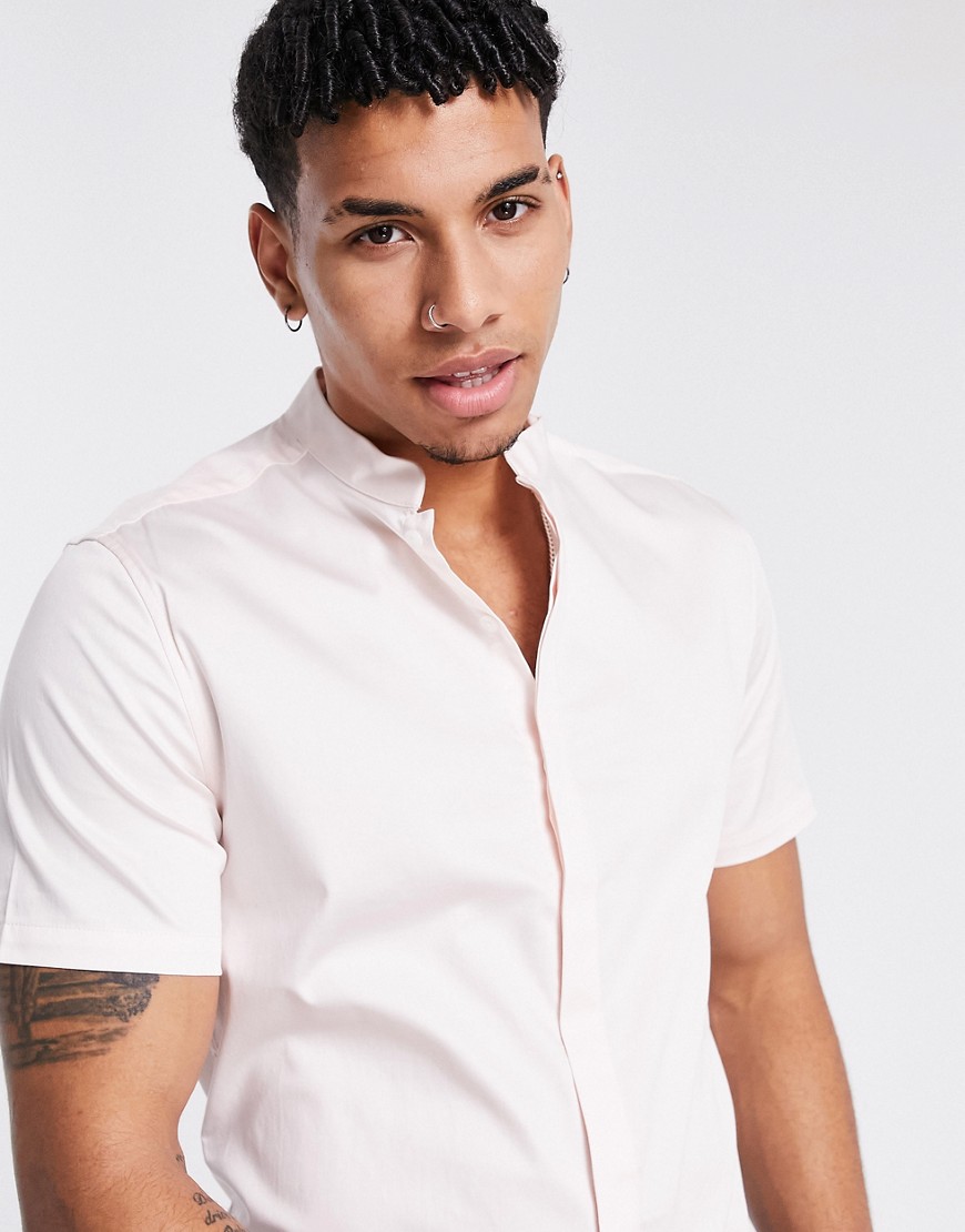 ASOS DESIGN slim fit sateen shirt with mandarin collar in pink
