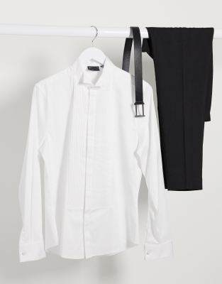 ASOS DESIGN SLIM FIT SATEEN SHIRT WITH PLEATED FRONT BIB & WING COLLAR IN WHITE