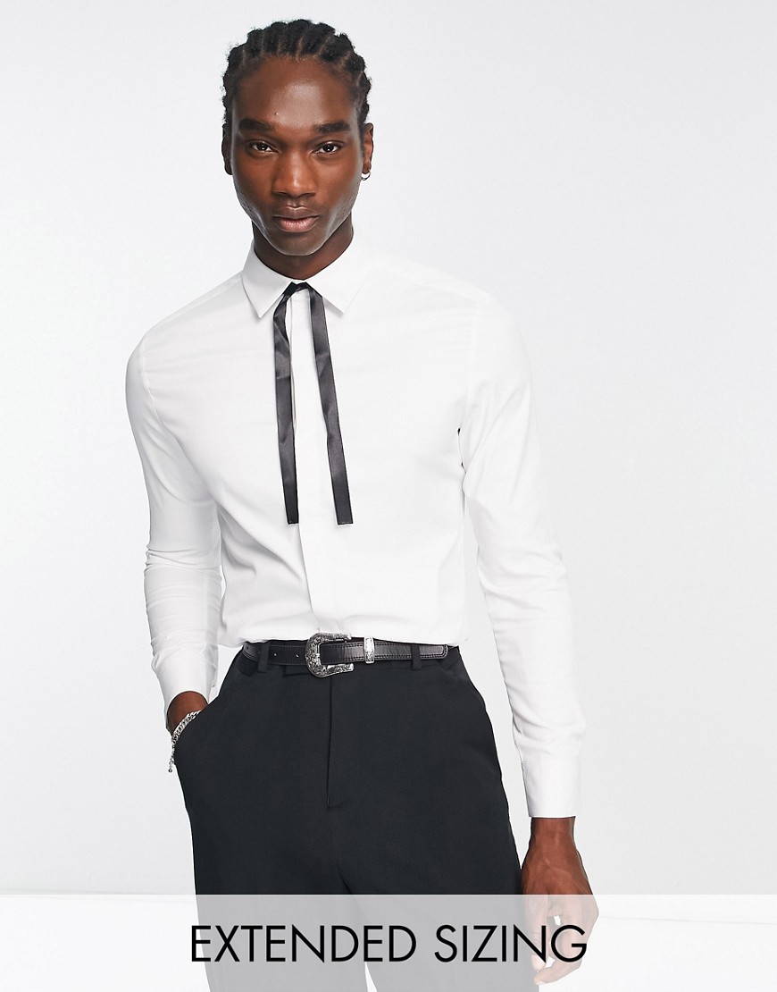 ASOS DESIGN slim fit sateen shirt with ribbon tie neck in white