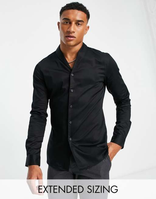 ASOS DESIGN slim fit sateen shirt with shawl collar in black 