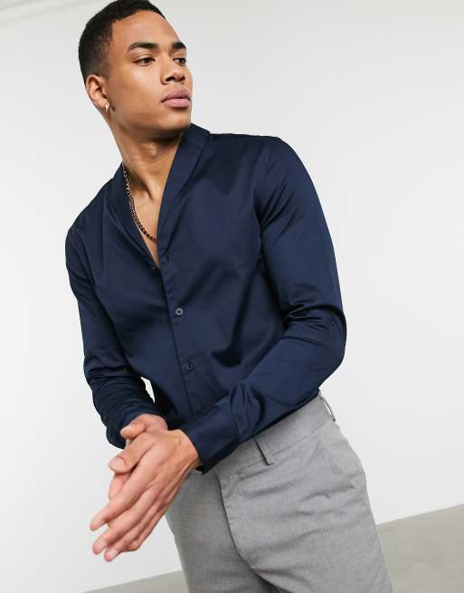 ASOS DESIGN slim fit sateen shirt with shawl collar in navy