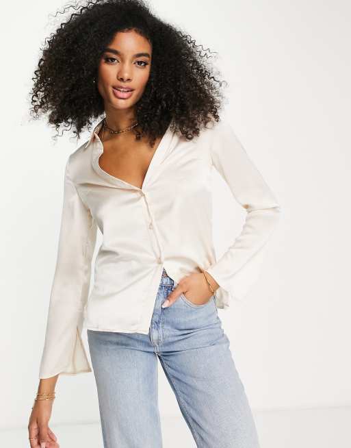 ASOS DESIGN slim fit satin shirt in ivory | ASOS