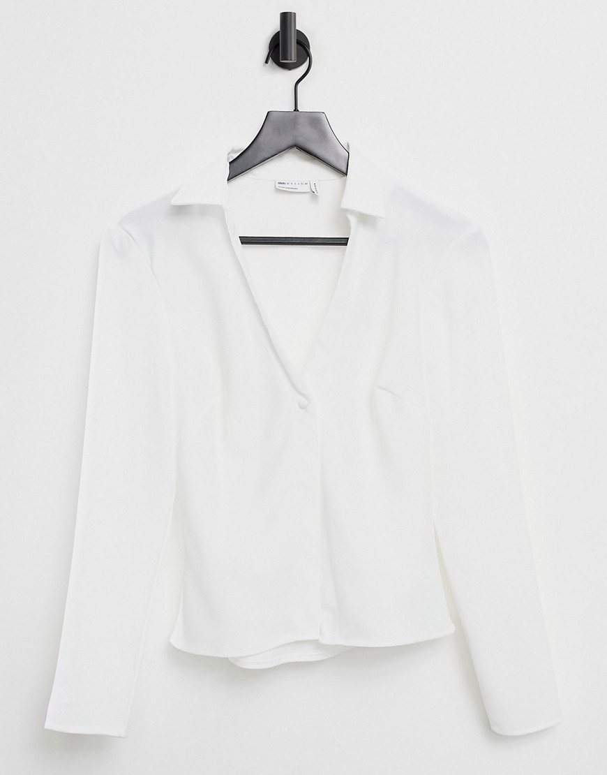 ASOS DESIGN slim fit satin shirt in ivory-White