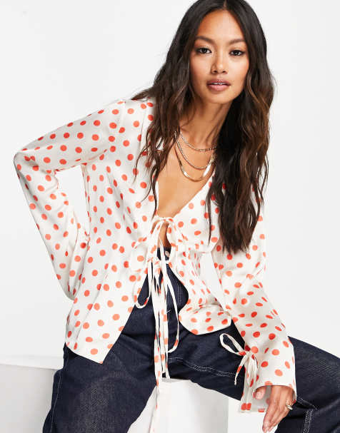 ASOS DESIGN slim fit satin shirt with tie front & cuff in cream & red spot - view 1