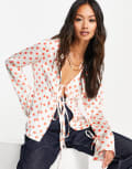 [ASOS DESIGN] ASOS DESIGN slim fit satin shirt with tie front & cuff in cream & red spot-Multi 4 CREAM & RED SPOT