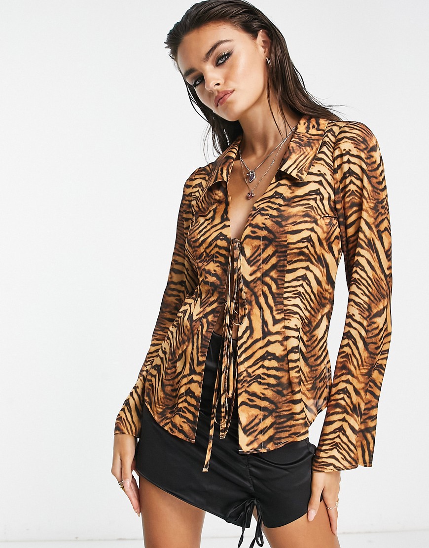 Asos Design Slim Fit Satin Shirt With Tie Front & Cuff In Tiger Print-Multi