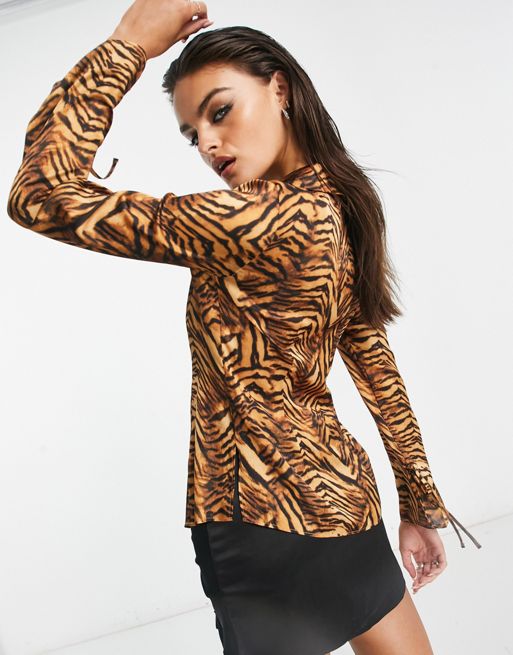 Long Sleeve Satin Tiger Print Shirt
