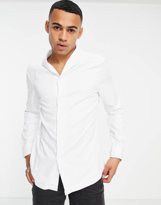 ASOS DESIGN - Slim-fit satinet overhemd met sjaalkraag in wit